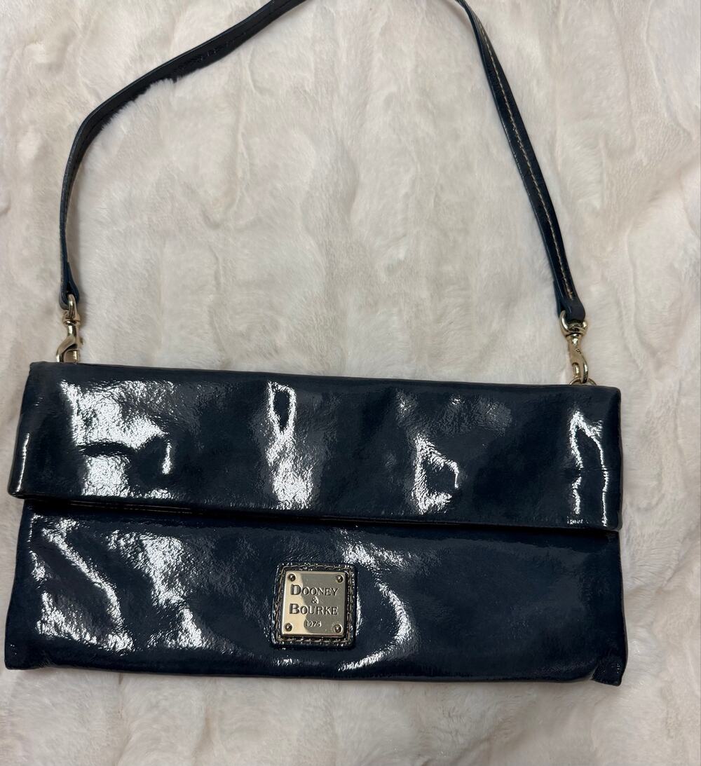 Dooney & Bourke Patent Leather Foldover Crossbody Shoulder Bag Navy Blue